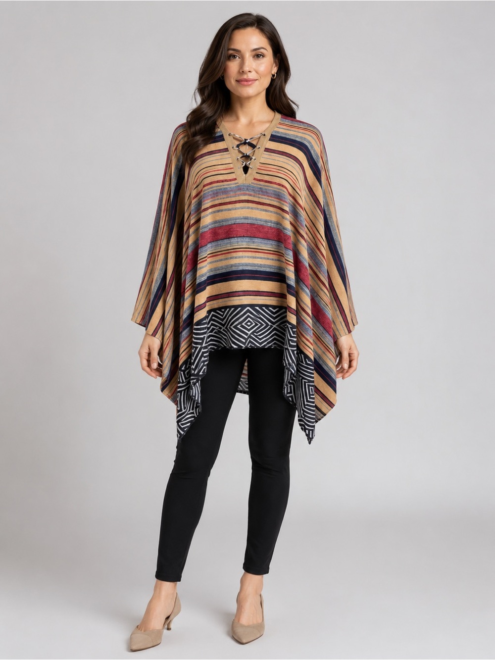 Janice Striped Multicolor Poncho with Lace-Up Neckline